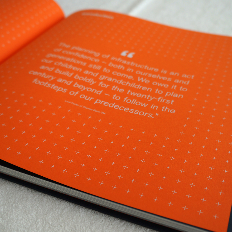 Bespoke book for Airbus - Enabling Cities for Urban Air Mobility. Detail of endpapers and spot white print